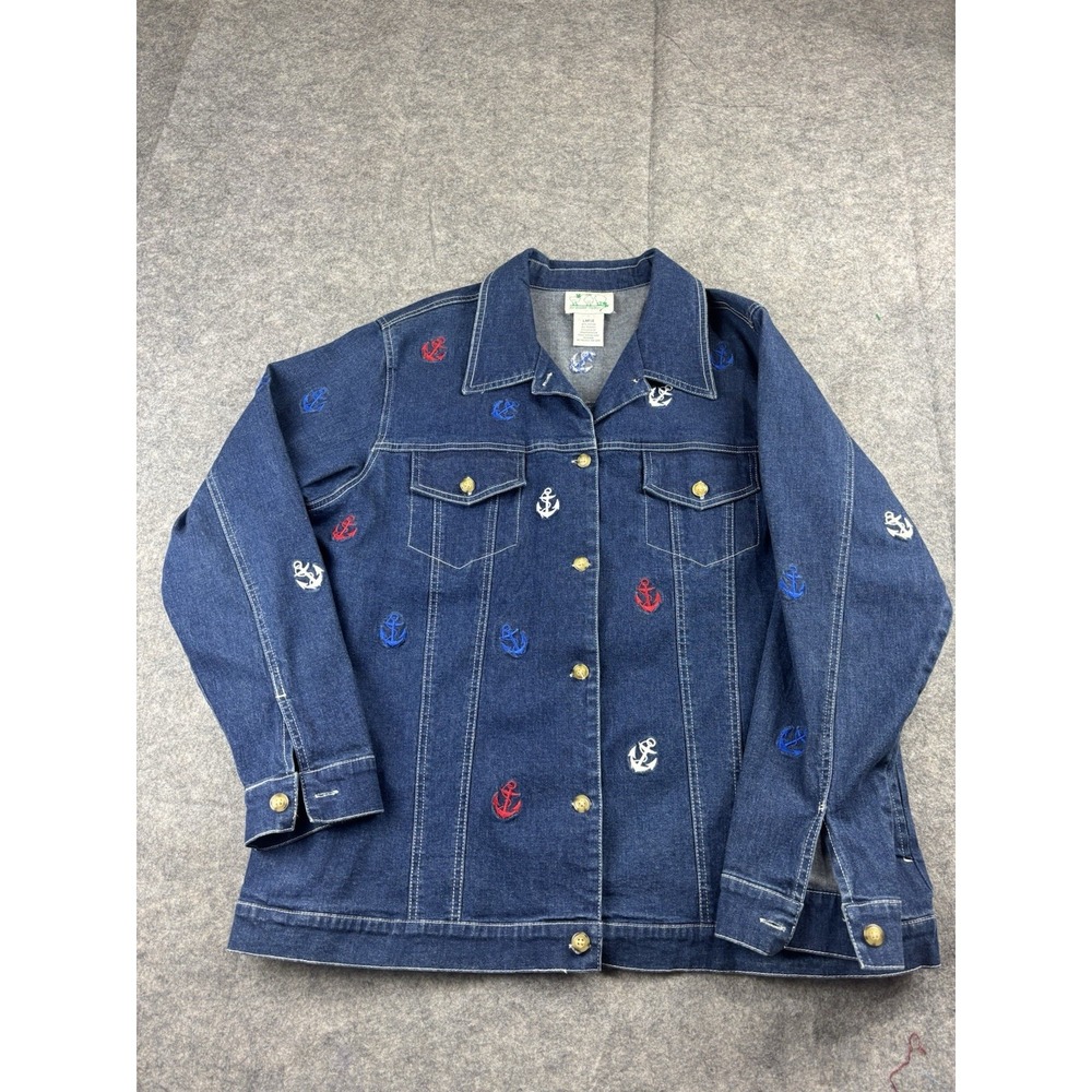 The‎ Quacker Factory Denim Jean Jacket Embroidered Anchors Womens L Nautical VTG